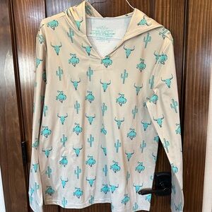 Crazy Train Tan Hoodie with Teal Cactus and Bull Print